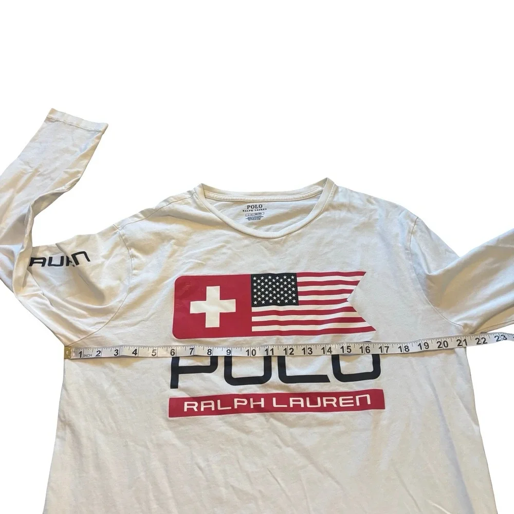 Polo Ralph Lauren Mens Long Sleeve Graphic T-Shirt White Flag Logo Large
